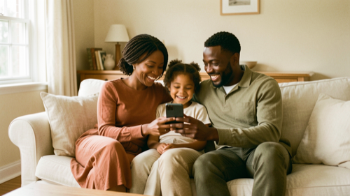 Family looking at phone together